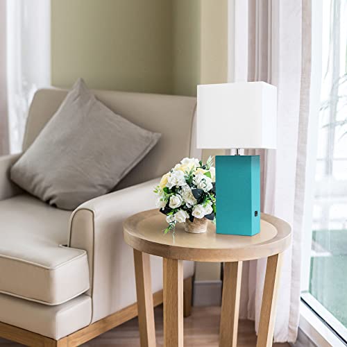 Lalia Home Lexington 21" Leather Base Modern Home Decor Bedside Table Lamp with USB Charging Port with White Rectangular Fabric Shade, Teal