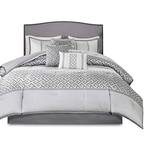 Madison Park Luxury Comforter Set-Traditional Jacquard Design All Season Down Alternative Bedding, Matching Bedskirt, Decorative Pillows, Queen(90"x90"), Bennett, Geometric Grey, 7 Piece