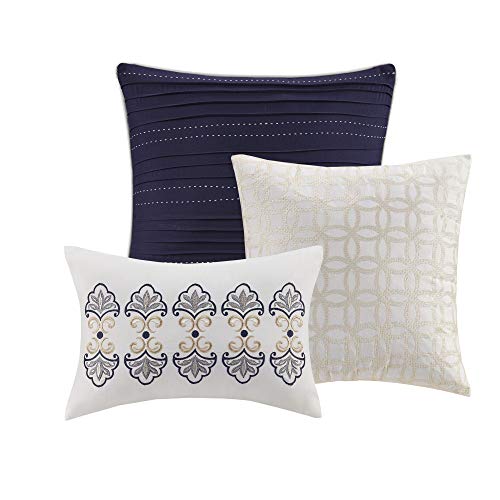 Madison Park Quilt Traditional Damask Design All Season, Lightweight Coverlet Bedspread Bedding Set, Matching Shams, Pillows, Full/Queen, Cali, Navy/White