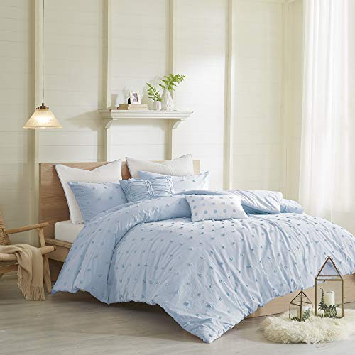 Urban Habitat Duvet Set 100% Cotton Jacquard, Tufts Accent, Shabby Chic All Season Comforter Cover, Matching Shams, Decorative Pillows Brooklyn, Blue Full/Queen(88"x92") 7 Piece