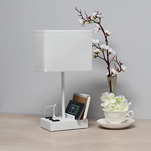 Simple Designs LT1110-WOW 15.3" Tall Modern Rectangular Multi-Use 1 Lt Bedside Table Desk Lamp w 2 USB Ports & Charging Outlet w White Fabric Shade for Bedroom,LivingRoom,Dorm,Office,Nightstand,White