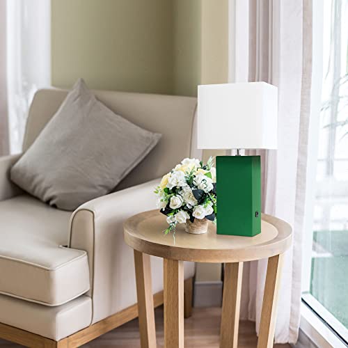 Lalia Home Lexington 21" Leather Base Modern Home Decor Bedside Table Lamp with USB Charging Port with White Rectangular Fabric Shade, Green