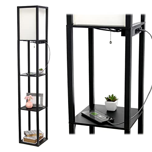 Simple Designs Floor Lamp Etagere Organizer Storage Shelf with 2 USB Charging Ports, 1 Charging Outlet and Linen Shade