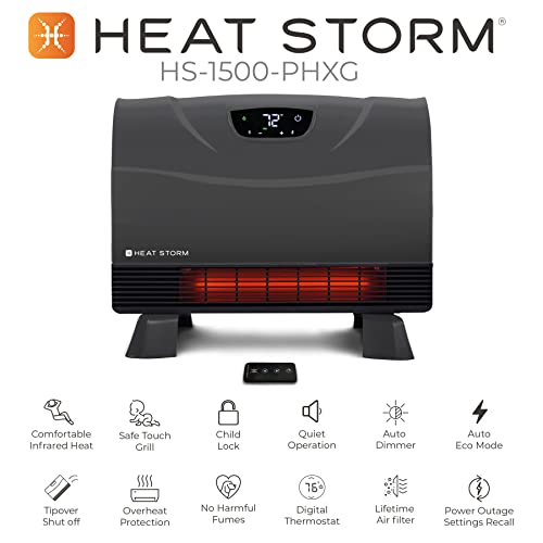 Heat Storm Phoenix HS-1500-PHX, Infrared Space Heater with Attachable Feet, Remote Control, Energy Efficient-750-1500 Watts, Gray Floor or Wall