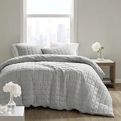 N Natori Cocoon Oversized Comforter Set Classic Box Quilting Modern Down Alternative Filling, All Season Cozy Overfilled and Soft Bedding with Matching Shams, Full/Queen (92 in x 96 in), Grey 3 Piece