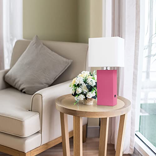 Lalia Home Lexington 21" Leather Base Modern Home Decor Bedside Table Lamp with USB Charging Port with White Rectangular Fabric Shade, Hot Pink