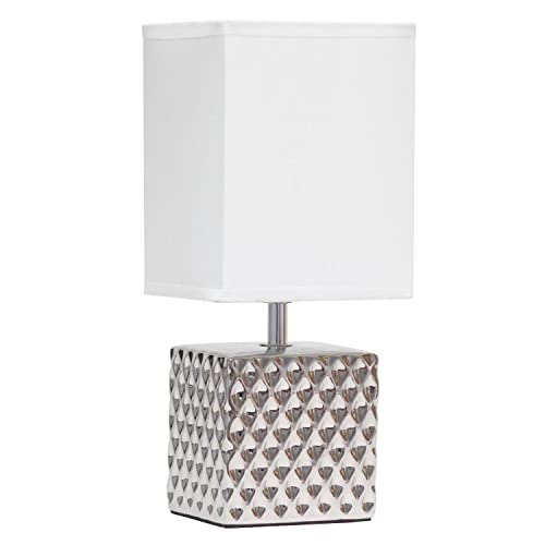 Simple Designs 11.81" Tall Contemporary Petite Hammered Metallic Chrome Square Bedside Table Desk Lamp with Rectangular White Fabric Shade for Home Decor, Bedroom, Living Room, Entryway, Office
