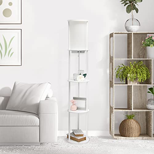 Simple Designs 62.5" LF2010-WHT Round Modern Shelf Etagere Organizer Storage Floor Lamp with 2 USB Charging Ports, 1 Charging Outlet and Linen Shade for Living Room Bedroom Office, White