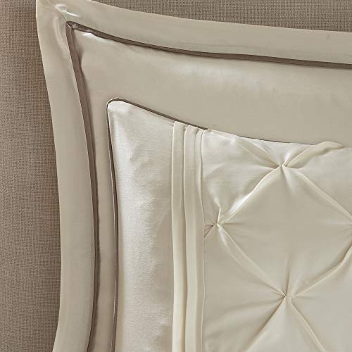 Madison Park Essentials Room in a Bag Faux Silk Comforter Set-Luxe Diamond Tufting All Season Bedding, Matching Curtains, Decorative Pillows, Queen (90 in x 90 in), Ivory