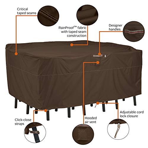Classic Accessories 56-323-016601-RT Madrona Rainproof 108 Inch Rectangular/Oval Patio Bar Table & Chair Cover, 108" W x 86" D x 34" H, Dark Cocoa