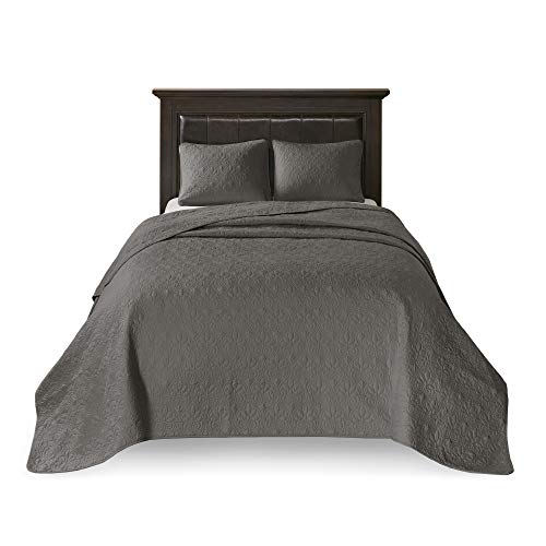 Madison Park Quebec Reversible Damask Design, Double Sided Quilting All Season, Lightweight Coverlet Bedspread Bedding Set, Matching Shams, Queen(102"x118"), Dark Grey