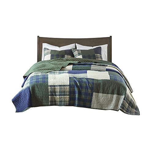 Woolrich 100% Cotton Quilt Reversible Plaid Cabin Lifestyle Design All Season, Breathable Coverlet Bedspread Bedding Set, Matching Shams, King/Cal King(110"x96"), Mill Creek Green, 3 Piece