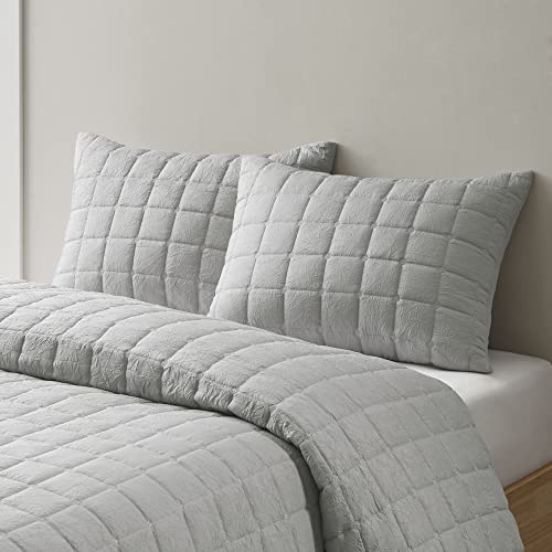 N Natori Cocoon Oversized Comforter Set Classic Box Quilting Modern Down Alternative Filling, All Season Cozy Overfilled and Soft Bedding with Matching Shams, Full/Queen (92 in x 96 in), Grey 3 Piece