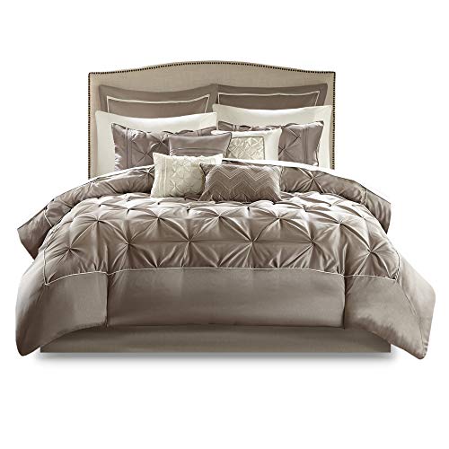Madison Park Essentials Room in a Bag Faux Silk Comforter Set-Luxe Diamond Tufting All Season Bedding, Matching Curtains, Decorative Pillows, California King (104 in x 92 in), Taupe