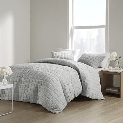 N Natori Cocoon Duvet Classic Box Quilting Design (Insert NOT Included) All Season Soft Oversized Cover for Comforter Bedding Set, Matching Shams, Full/Queen (92 in x 96 in), Grey 3 Piece
