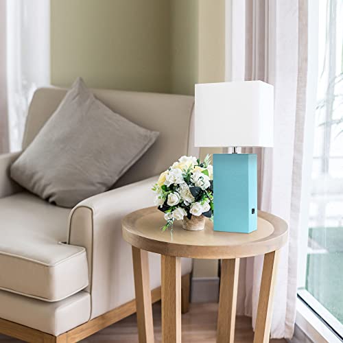 Lalia Home Lexington 21" Leather Base Modern Home Decor Bedside Table Lamp with USB Charging Port with White Rectangular Fabric Shade, Aqua