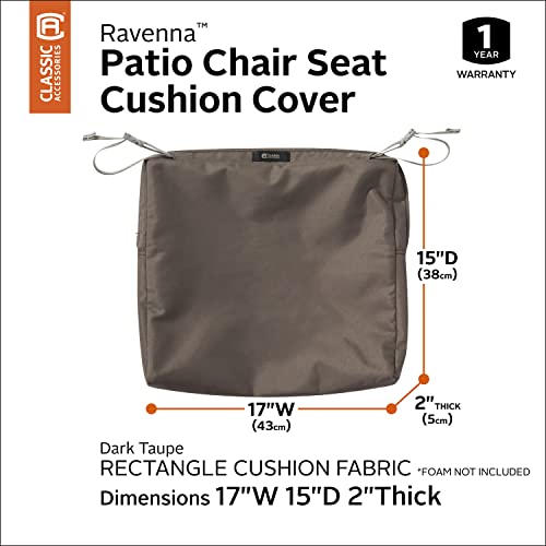 Classic Accessories Ravenna Water-Resistant 17 x 15 x 2 Inch Rectangle Outdoor Seat Cushion Slip Cover, Patio Furniture Chair Cushion Cover, Dark Taupe, Patio Furniture Cushion Covers