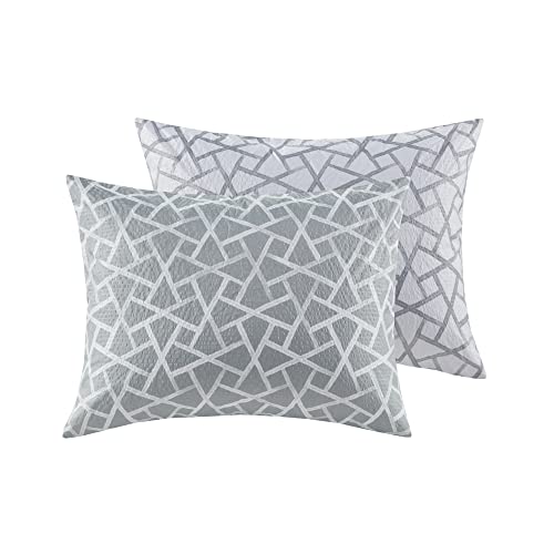 N Natori Soho Geometric Reversible Duvet Set Abstract Styling, Embossed Seersucker Design, All Season, Breathable Oversized Comforter Cover Bedding, Shams, Full/Queen(92"x96") Grey/White 4 Piece