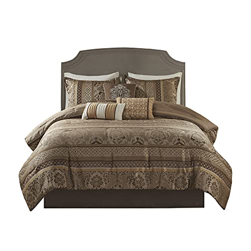 Madison Park Cozy Comforter Set - Luxurious Jaquard Traditional Damask Design, All Season Down Alternative Bedding with Matching Shams, Decorative Pillow Bellagio Brown/Gold King(104"x92") 7 Piece