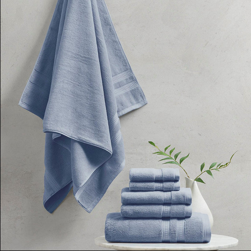 Home Outfitters Blue 100% Cotton Feather Soft Bath Towel 6PC Set , Absorbent, Bathroom Spa Towel, Transitional
