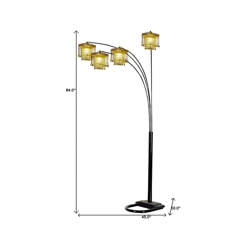 Home Outfitters 84" Black Four Light Arc Floor Lamp With Clear Crystal Glass Chandelier Shade