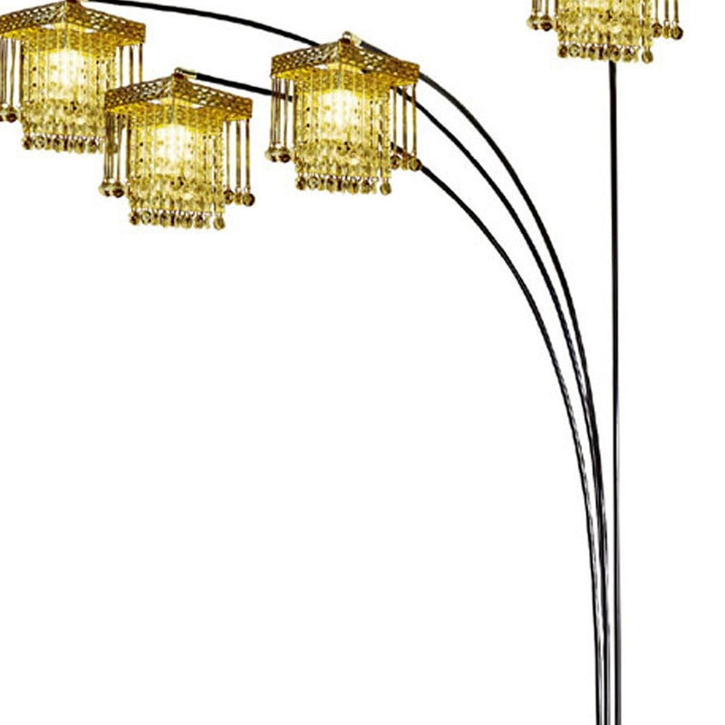 Home Outfitters 84" Black Four Light Arc Floor Lamp With Clear Crystal Glass Chandelier Shade