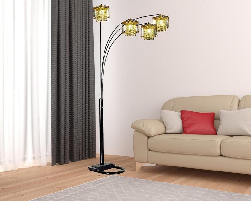 Home Outfitters 84" Black Four Light Arc Floor Lamp With Clear Crystal Glass Chandelier Shade