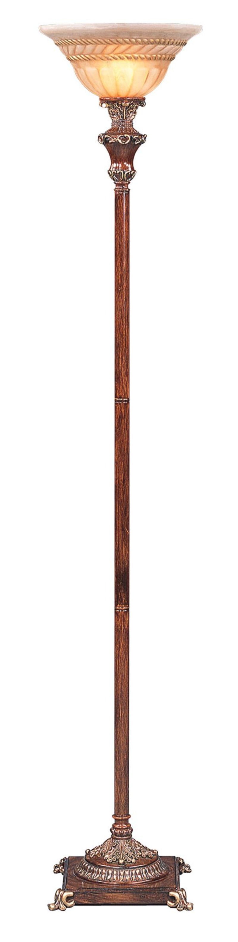 Home Outfitters 69" Brown Faux Wood Torchiere Floor Lamp With Brown Stained Glass Bell Shade