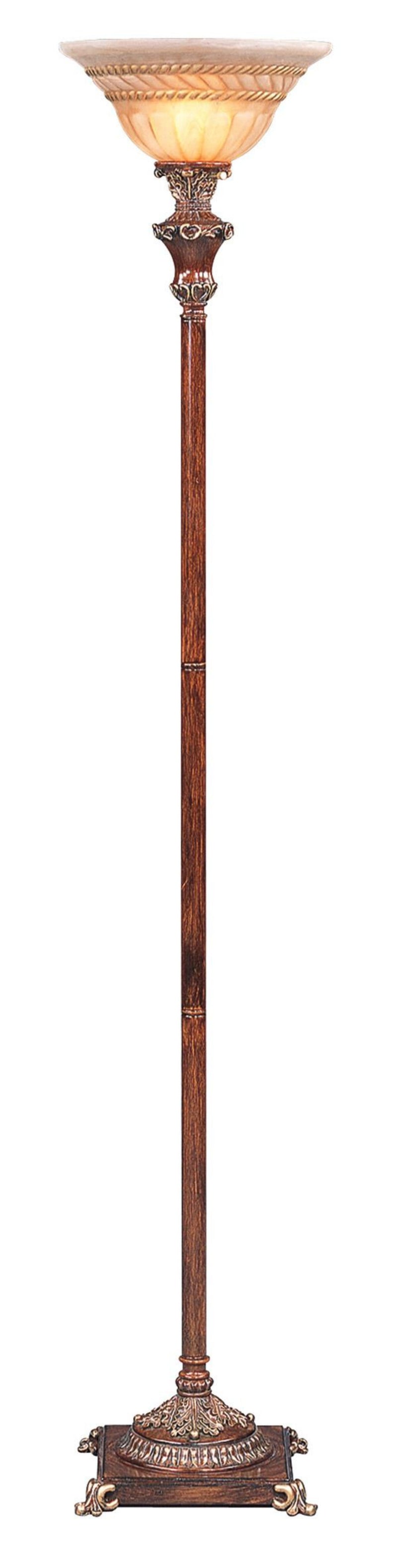 Home Outfitters 69" Brown Faux Wood Torchiere Floor Lamp With Brown Stained Glass Bell Shade