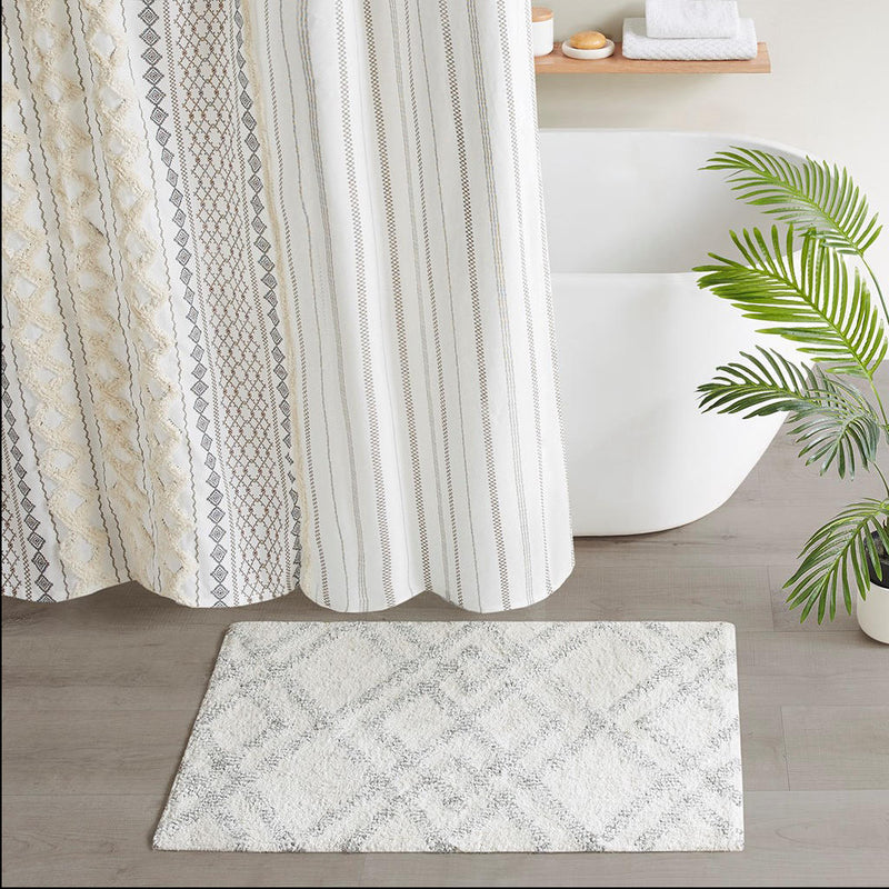 Home Outfitters Grey/White 100% Cotton Bath Rug 20x32", Absorbent Bathroom Floor Mat, Modern/Contemporary