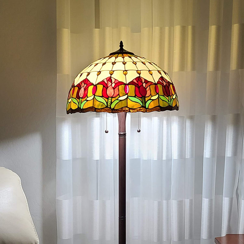 Home Outfitters 62" Brown Two Light Traditional Shaped Floor Lamp With Red Flowers Stained Glass Dome Shade