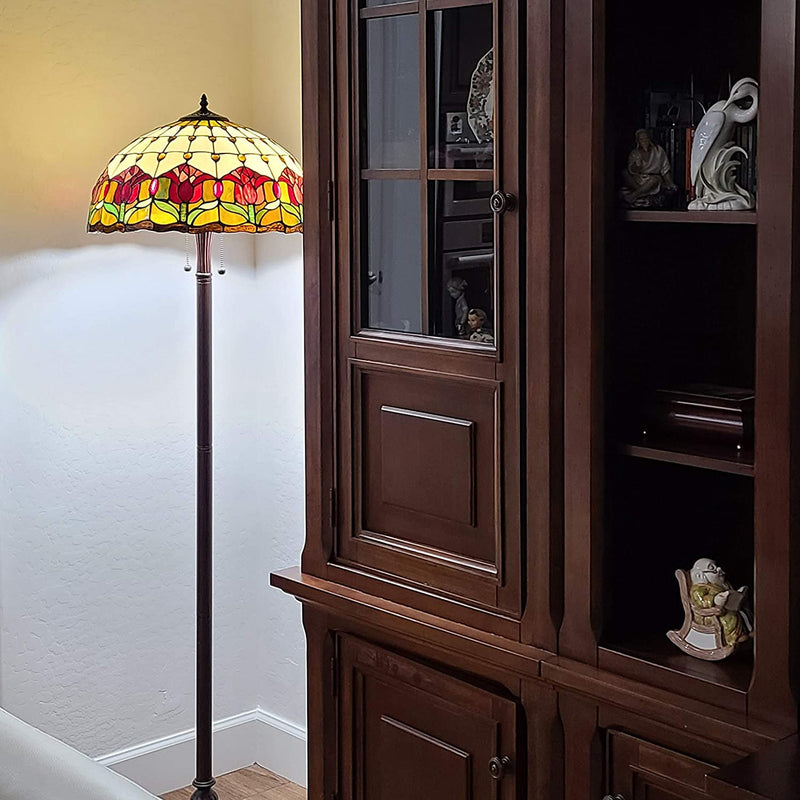 Home Outfitters 62" Brown Two Light Traditional Shaped Floor Lamp With Red Flowers Stained Glass Dome Shade