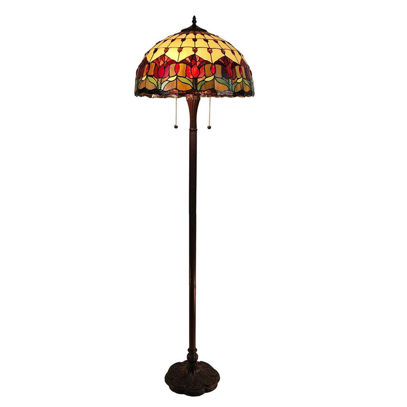 Home Outfitters 62" Brown Two Light Traditional Shaped Floor Lamp With Red Flowers Stained Glass Dome Shade