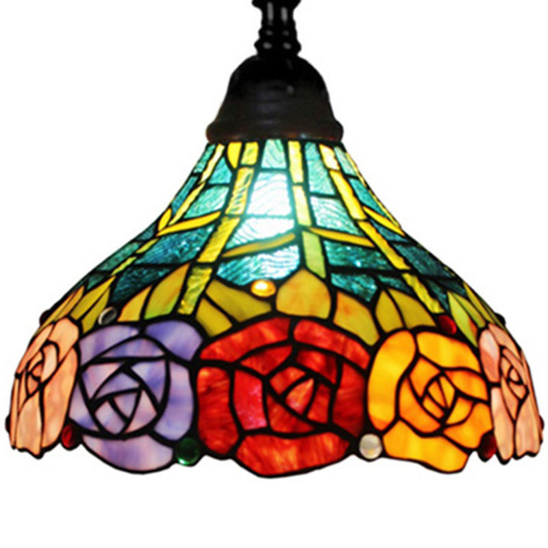 Home Outfitters 74" Brown Traditional Shaped Floor Lamp With Blue Red And Yellow Flowers Stained Glass Dome Shade