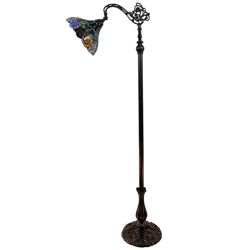 Home Outfitters 74" Brown Traditional Shaped Floor Lamp With Blue Red And Yellow Flowers Stained Glass Dome Shade