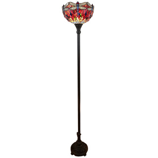 Home Outfitters 69" Brown Traditional Shaped Floor Lamp With Red Yellow And Brown Dragonfly Stained Glass Dome Shade