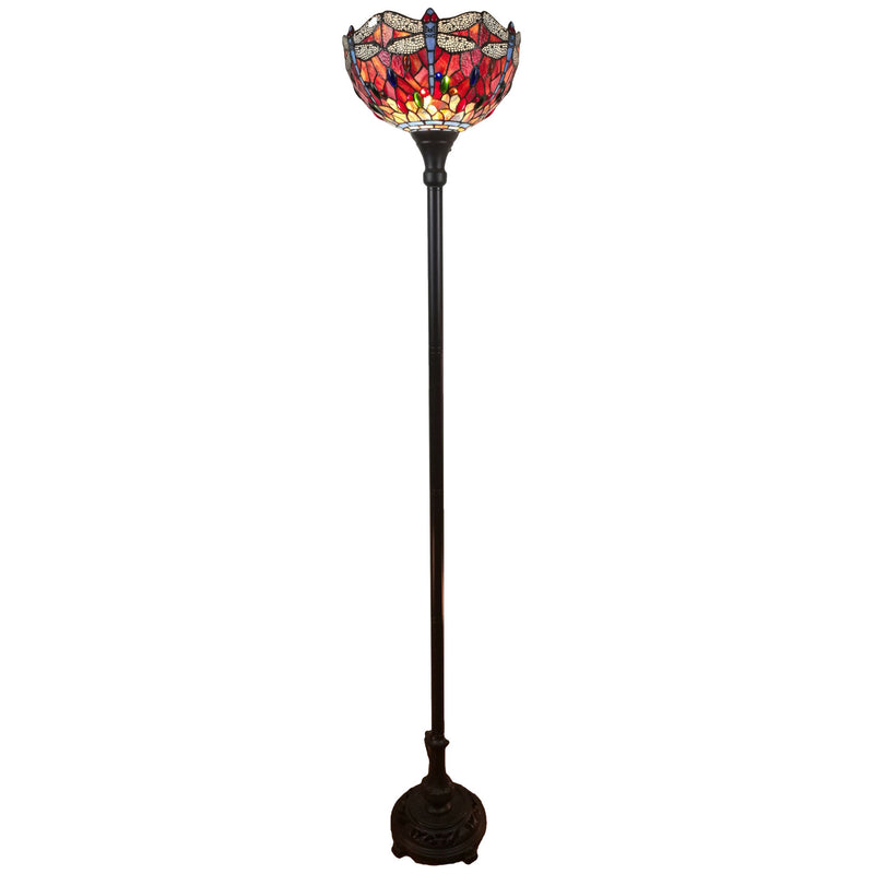 Home Outfitters 69" Brown Traditional Shaped Floor Lamp With Red Yellow And Brown Dragonfly Stained Glass Dome Shade