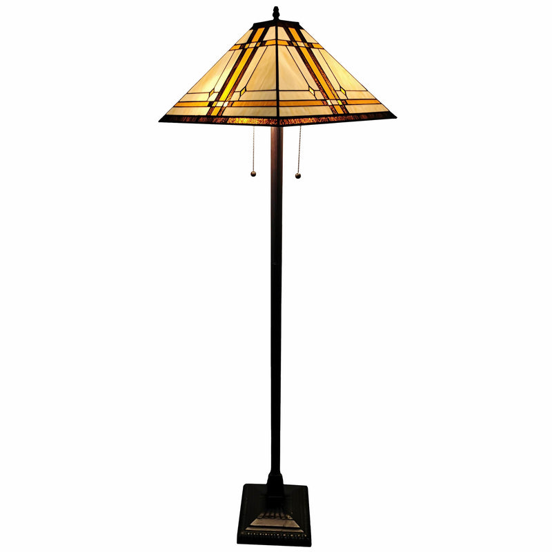 Home Outfitters 62" Brown Two Lights Traditional Shaped Floor Lamp With Brown And White Stained Glass Cone Shade