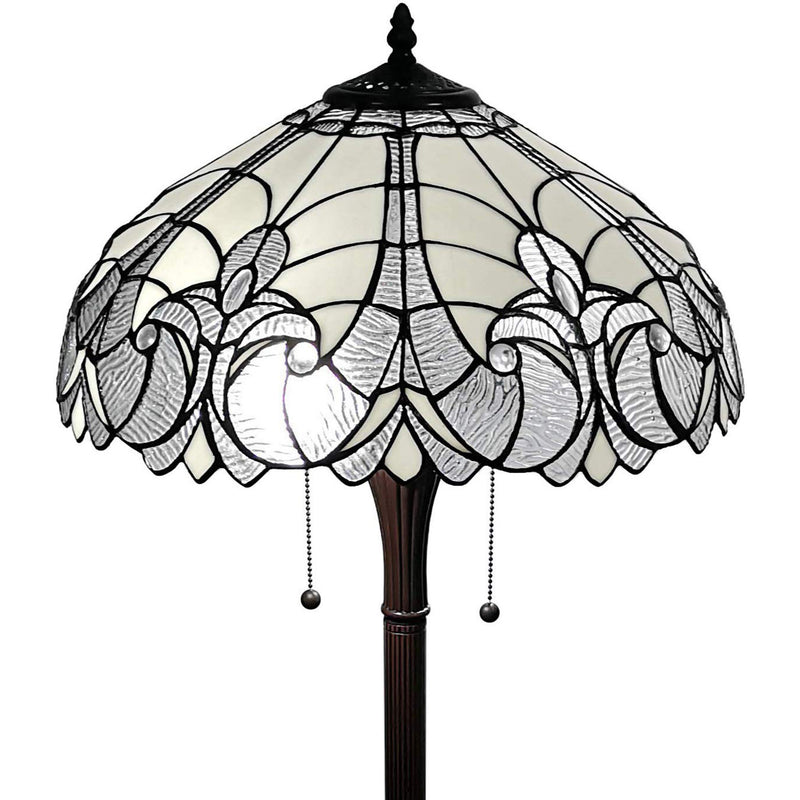 Home Outfitters 62" Brown Two Light Torchiere Floor Lamp With White Fleur De Lis Stained Glass Dome Shade