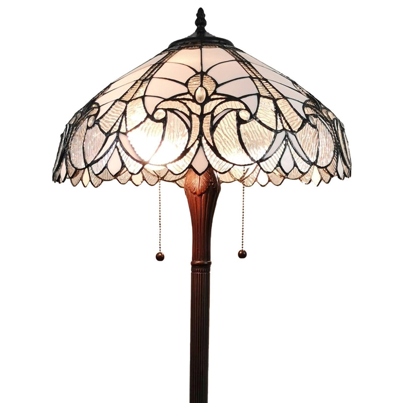 Home Outfitters 62" Brown Two Light Torchiere Floor Lamp With White Fleur De Lis Stained Glass Dome Shade