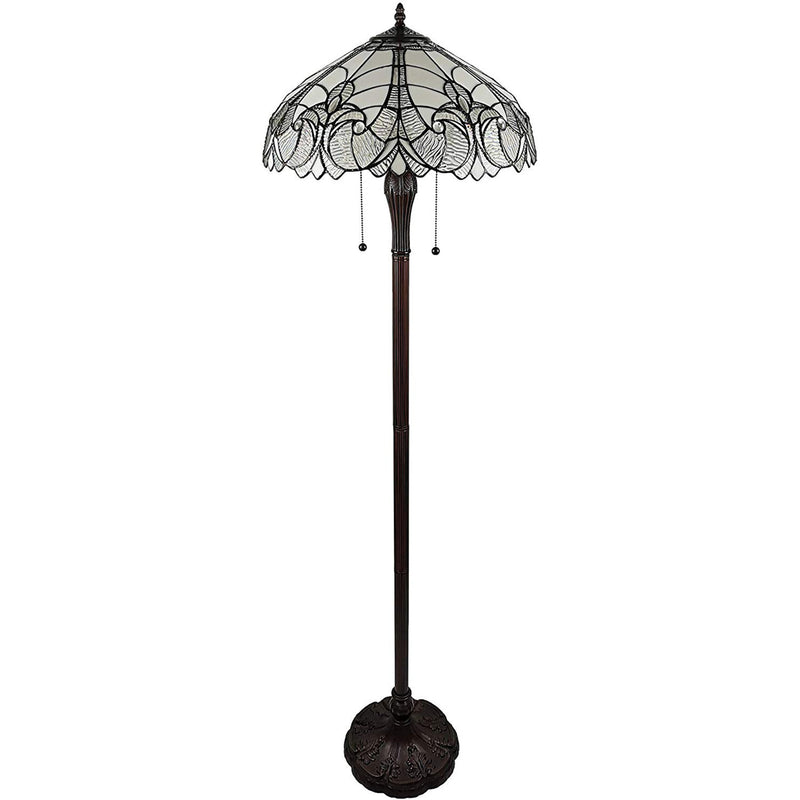 Home Outfitters 62" Brown Two Light Torchiere Floor Lamp With White Fleur De Lis Stained Glass Dome Shade