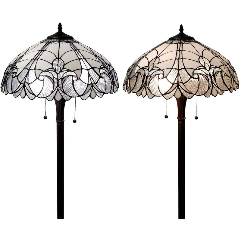 Home Outfitters 62" Brown Two Light Torchiere Floor Lamp With White Fleur De Lis Stained Glass Dome Shade