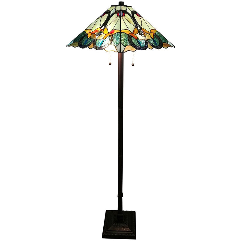 Home Outfitters 62" Brown Two Light Traditional Shaped Floor Lamp With Brown And Blue Stained Glass Cone Shade