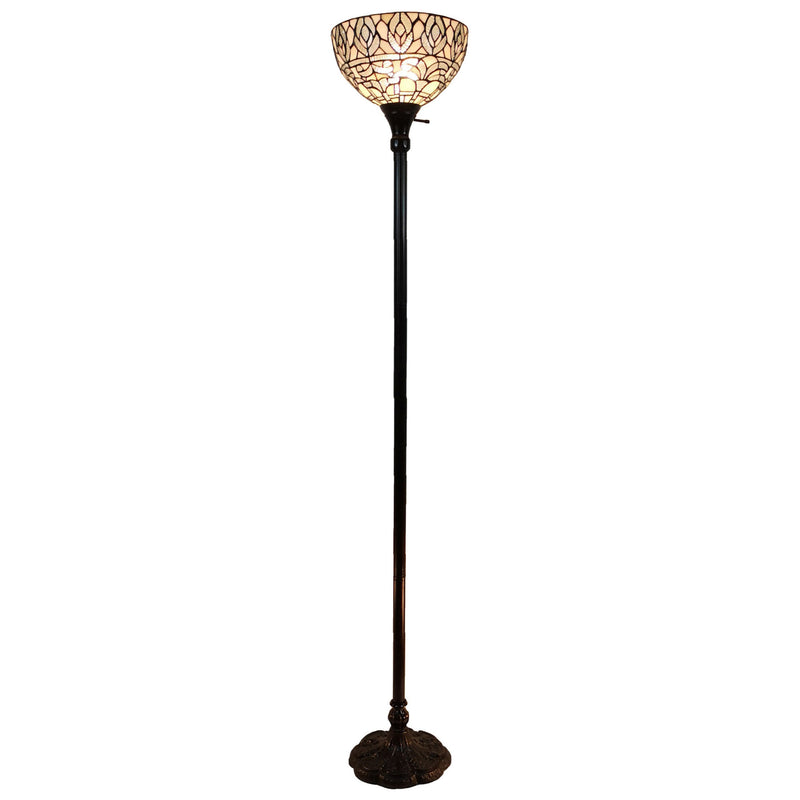 Home Outfitters 62" Brown Traditional Shaped Floor Lamp With White Peacock Feather Stained Glass Dome Shade