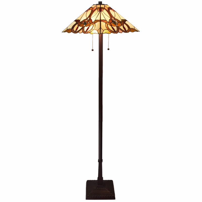 Home Outfitters 62" Brown Two Lights Traditional Shaped Floor Lamp With Brown And White Stained Glass Cone Shade