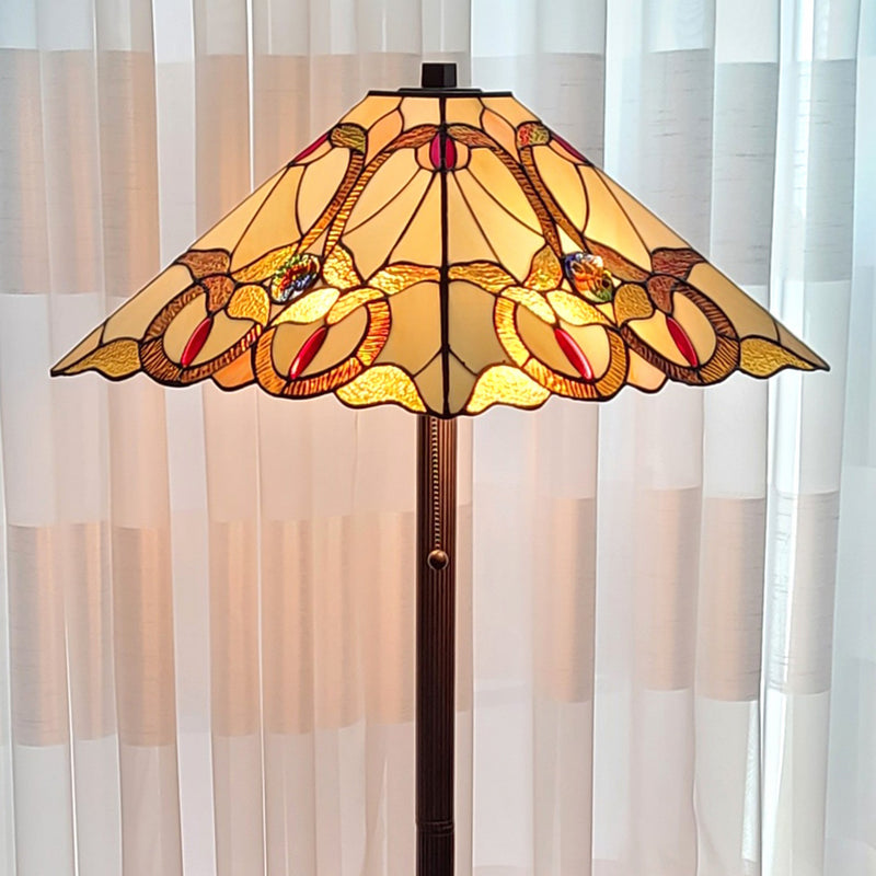 Home Outfitters 62" Brown Two Lights Traditional Shaped Floor Lamp With Brown And White Stained Glass Cone Shade