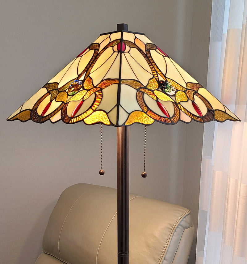 Home Outfitters 62" Brown Two Lights Traditional Shaped Floor Lamp With Brown And White Stained Glass Cone Shade