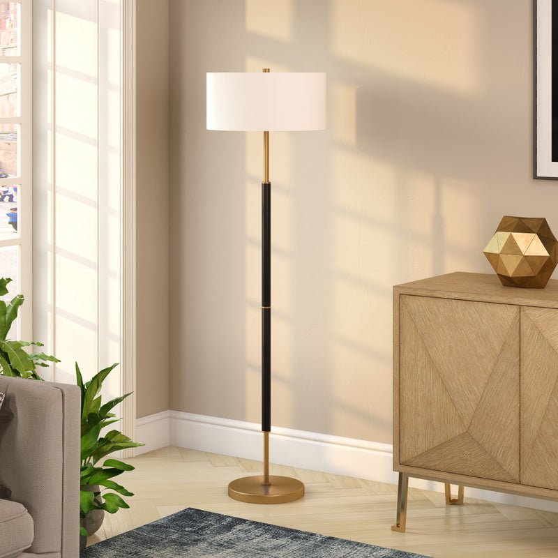 Home Outfitters 61" Black and Brass Two Light Floor Lamp With White Drum Shade