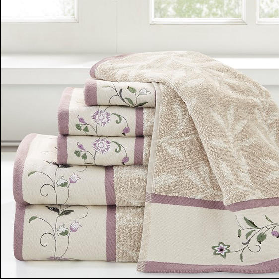 Home Outfitters Purple 100% Cotton Jacquard Embroidered 6pcs Towel Set , Absorbent, Bathroom Spa Towel, Traditional