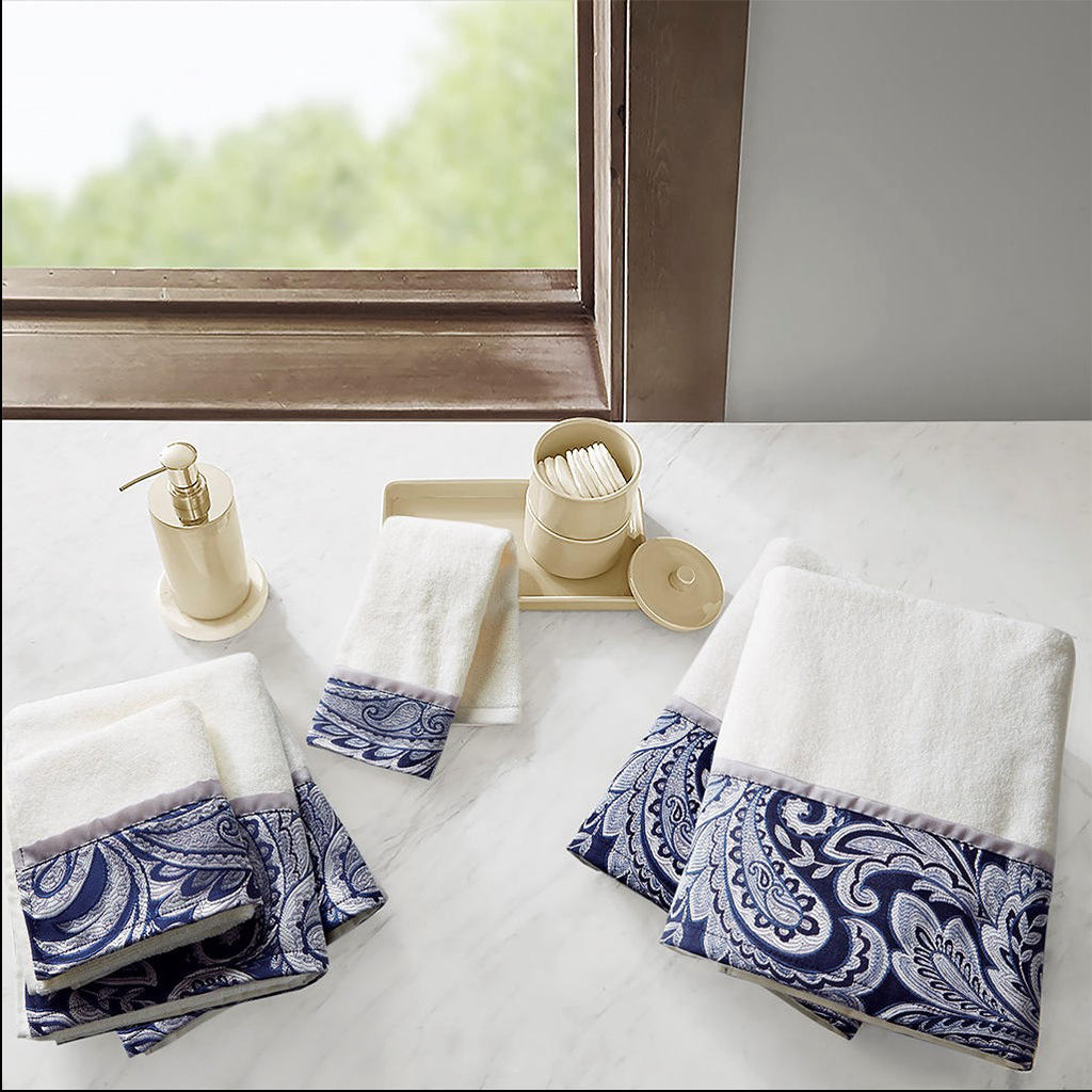 Luxury 6pc Navy Blue & Grey Paisley Cotton Jacquard Bath Towel Set